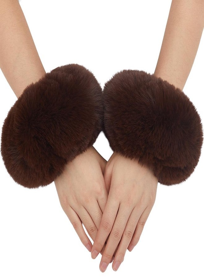 CABODYALS Brown Faux Fur Cuffs Wrist Arm Warmers Coffee Winter Short Plush Fuzzy Cuff Oversleeve Arm Warmer Gloves Wristband Sleeves Furry Bands for Women Bracelet Cosplay Party Costumes Gifts Supply - Image 1